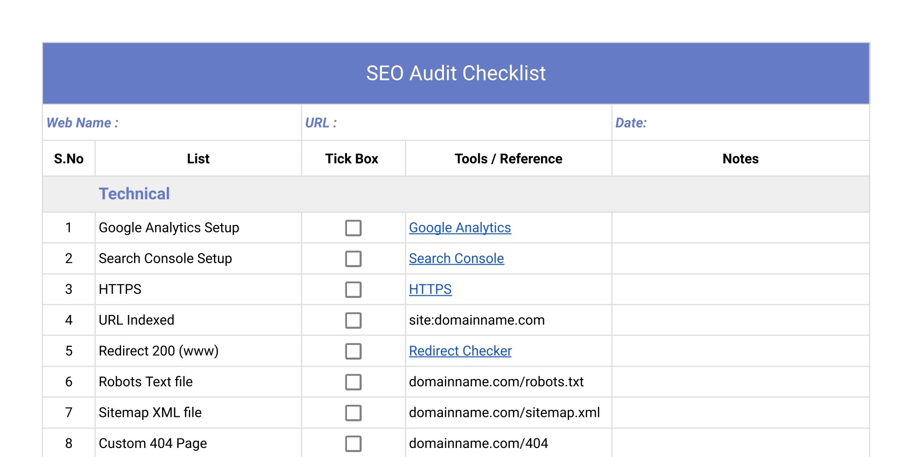 Free SEO Audit Checklist Excel Template 2024